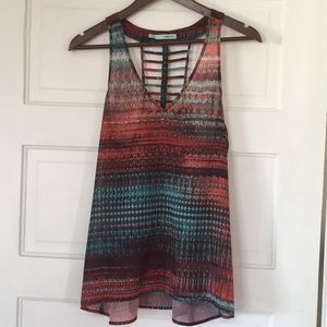 Chiffon flowy red and teal tank top